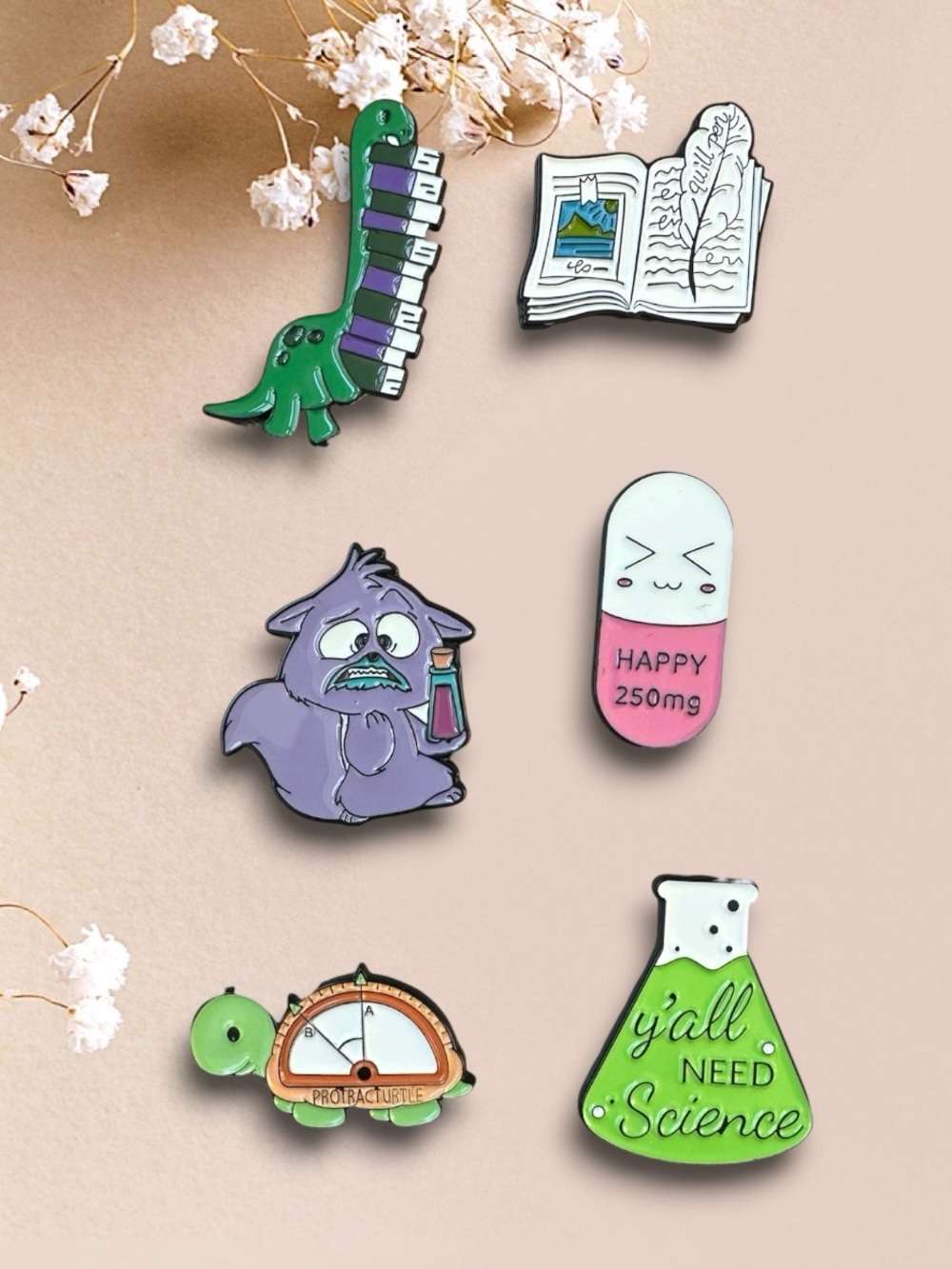 Whimsical Enamel Pin Set - Science, Reading & Mental Health Flair Nerd Alert